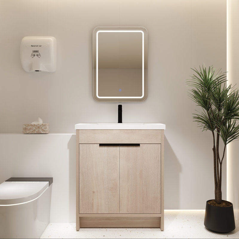 Meuble-lavabo autoportant de 30 po avec lavabo en résine et rangement à fermeture en douceur