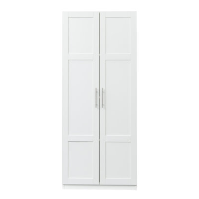 High Wardrobe And Kitchen Storage Cabinet With 2 Doors, 3 Partitions, 4 Storage Spaces, White Freestanding Storage Cabinet For Home Organization