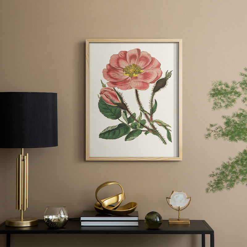 Impression florale rose sur cadre mixte - bois massif, Naturel, H 11 po x l 9 po