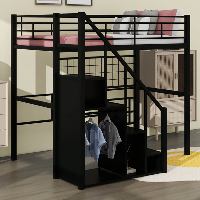 Twin Size Metal Loft Bed With Storage Staircase, Wardrobe And Full-Length Guardrails, Black