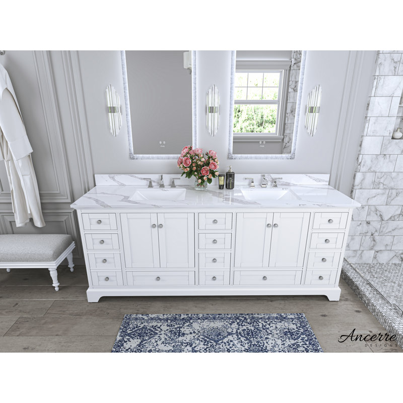 Audrey 84'' Free Standing Double Bathroom Vanity with Calacatta Quartz Top, White, Brushed Nickel
