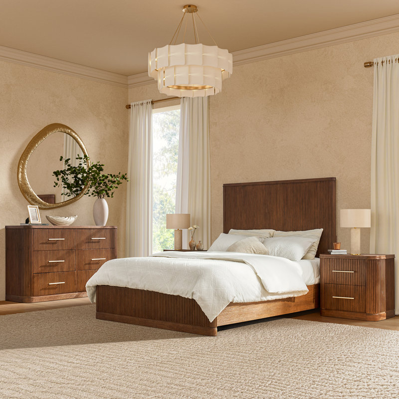 Graciana 4-Piece Fluted Solid Wood Bedroom Set, Walnut, King