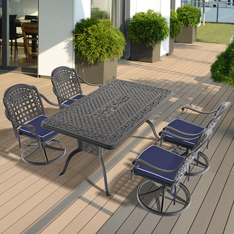 Ensemble de salle à manger 5 pièces en aluminium coulé résistant aux intempéries, 4 chaises pivotantes et table rectangulaire avec cadre noir