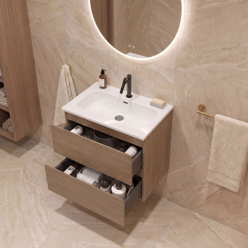 Meuble-lavabo simple 24 po avec comptoir en céramique avec trop-plein Kersha, pré-assemblé, Bois naturel, 24", Trou simple