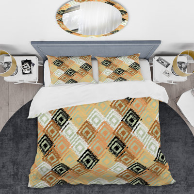 Brown Ikat Ogee - Ensemble de housse de couette abstrait - Microfibre de polyester