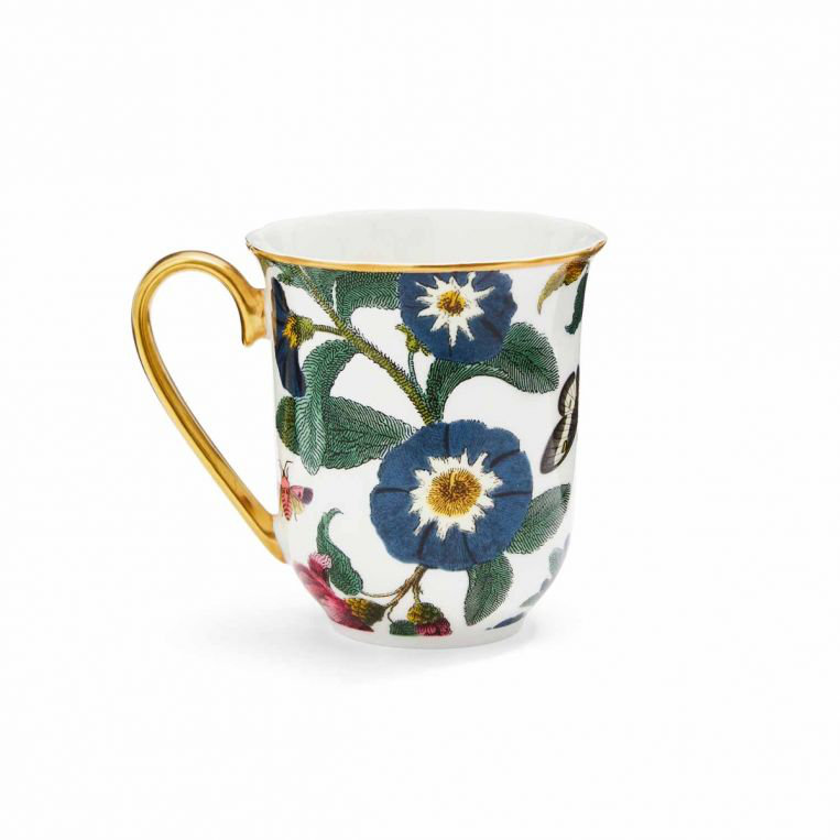 White Floral Ceramic Mug with Gold Handle, 12 Ounce