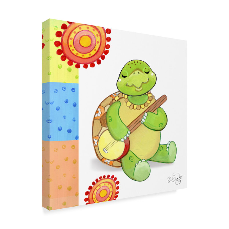 Green Turtle Playing Banjo Watercolor Canvas Art