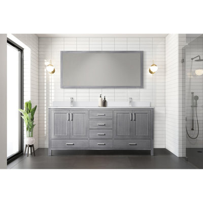 Distressed Grey Double Bath Vanity 72 In. W X 22 In. D, White Quartz Top, And Faucet Set