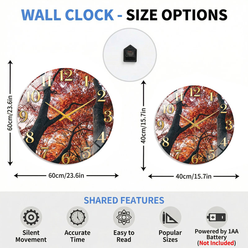 Horloge murale décorative d'automne, 60 x 60 cm (23,6 x 23,6 pouces)