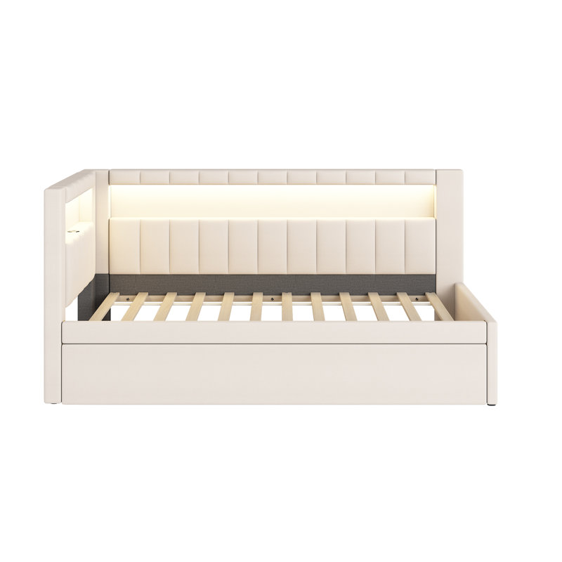 Upholstered Platform Bed with USB Ports and LED Belt, With Trundle, White, Twin