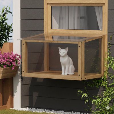Perchoir pour fenêtre monté en bois résistant aux intempéries et conçu pour les chats d'intérieur - compatible avec les fenêtres à guichet unique ayant une largeur d'ouverture de cadre intérieur de filet allant de 24 à 35 pouces