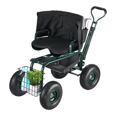 Chariot de jardin roulant avec siège pivotant et poignée extensible