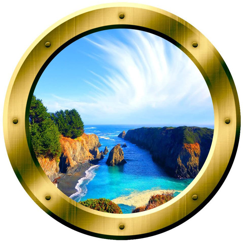 Décalcomanie murale fenêtre ocean view hublot, Or / vert / bleu, H 14 po x l 14 po x P 0,4 po