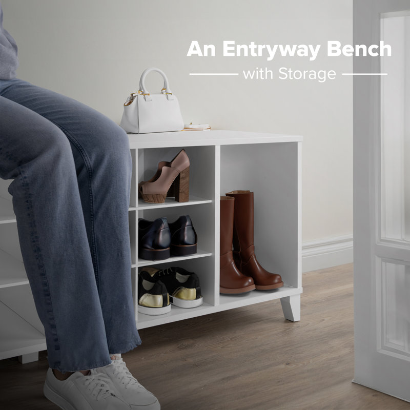 White Wooden Entryway Shoe Storage Bench with 14 Cubbies