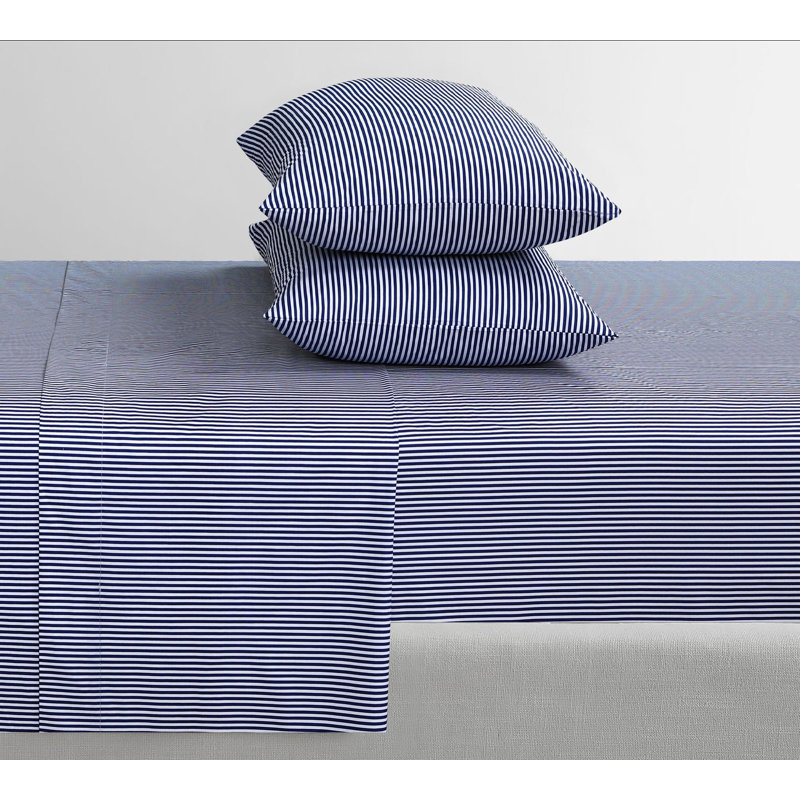 100% Cotton Sheets, 300 Thread Count Percale Weave Bedding, 16" Deep Pocket, Twin Sheet Set with 1 Pillowcase, Blue Striped