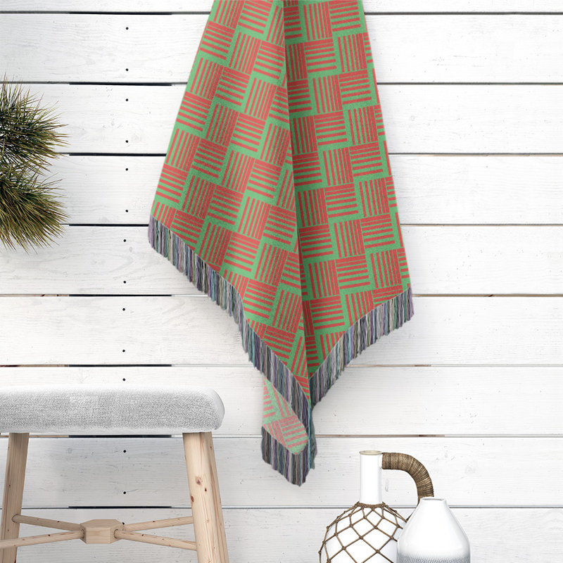 Hand Woven Throw Blanket, 37" W x 52" L, Green/Red, Square Geometric