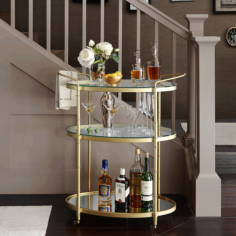 Elizabel Vintage Metal Bar Cart with Glass Shelf