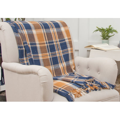 Navy and Gold Plaid Throw Blanket
