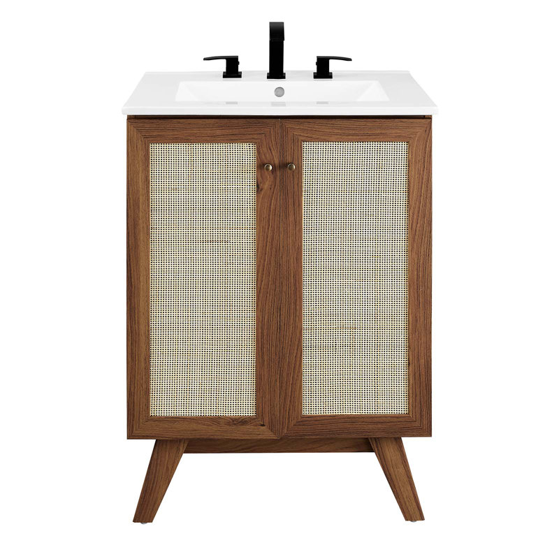 Soma 24.5'' Walnut and White Rattan Bathroom Vanity