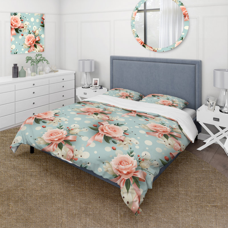 Literie rose romantique et rose à pois, Housse de couette simple + 1 taie décorative stan