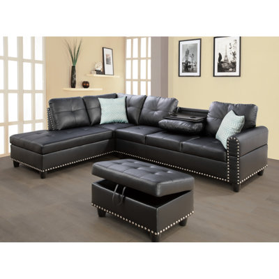 Black Faux Leather Sectional With , 4 Person Seating, Foam Filled Cushions, 8 Hand-tied Springs, Rounded Arms, Subtle Tufting, Storage Option And Pill