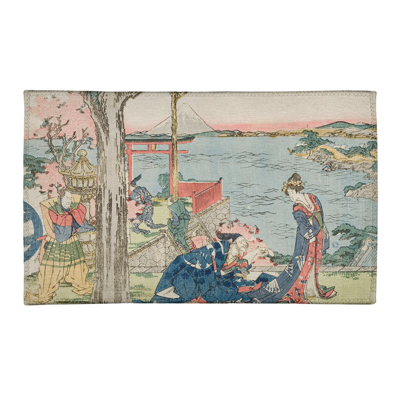 Chenille Area Rug in Blue, Orange, and Gray – Japanese Courtesan Art, Foldable and Stain Resistant, Rectangle 2' x 3'