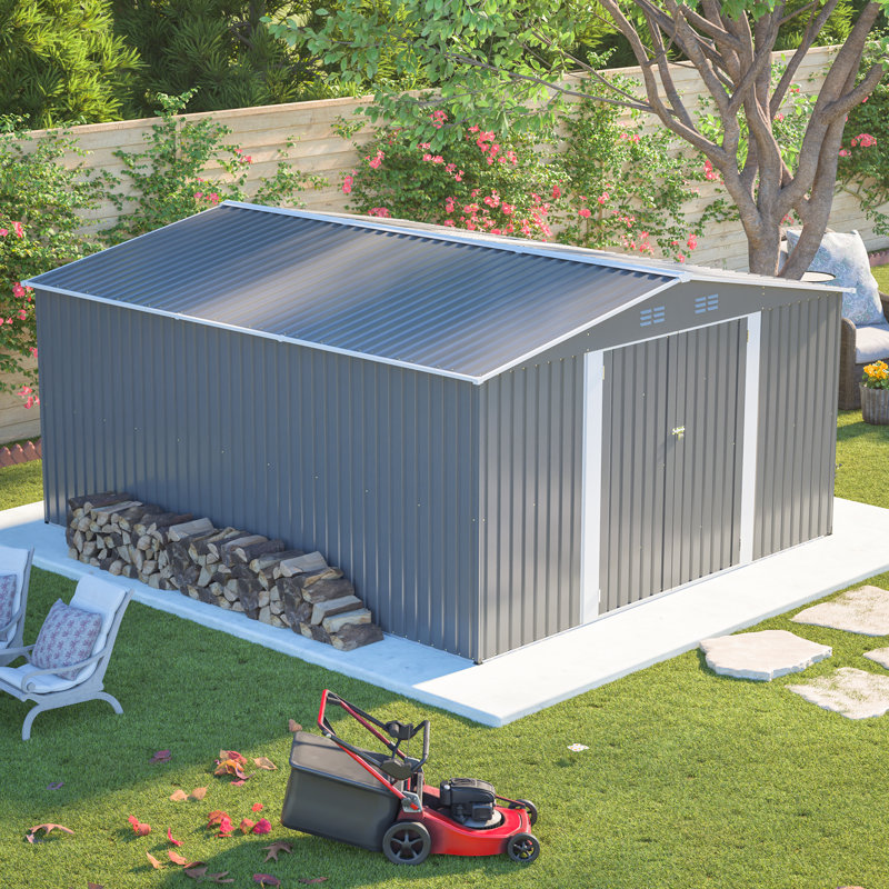 Remise de rangement extérieure en métal 12 po x 14 pi, grande remise à outils de jardin avec portes doubles verrouillables, bâtiment de jardin imperméable, patio