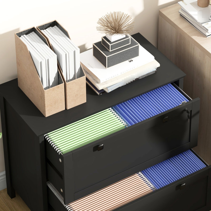 2 Drawer File Cabinet With Lock, Black. Maximize Organization. Holds Letter, A4, Legal Folders. Stylish And Functional. -Coated Particleboard. 31.1" L X 15.7" W 28.3" H. 132 Lbs Capacity. Assembly
