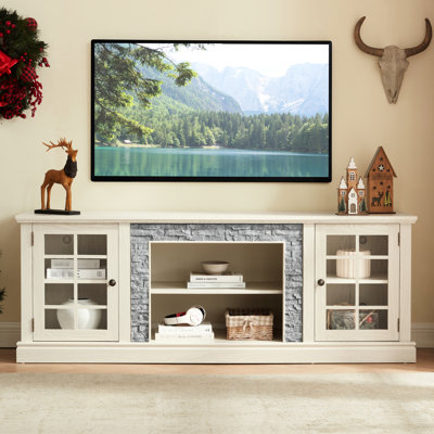 70" White Media Console With 2-door Storage, Faux Stone Design, 75'' Tv Compatibility, 6 Cable Management Cutouts, 4 Shelving 69.95'' Appearance, Shel