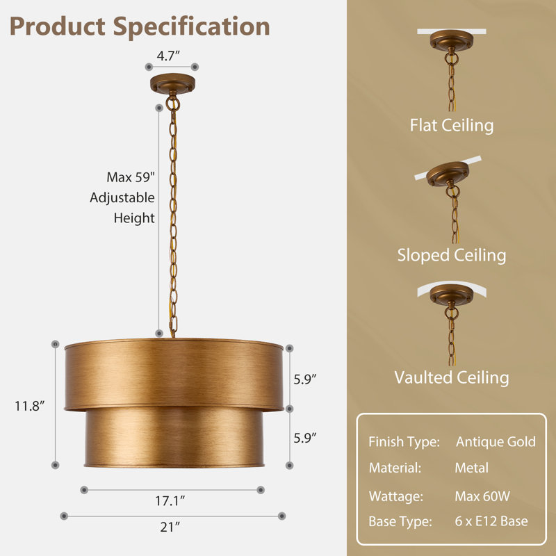 Lustre en bronze antique à 2 couches avec abat-jour en métal, grand luminaire suspendu 6 lumières, 6, 2