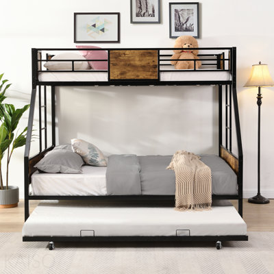 Lit superposé simple au-dessus d'un lit double en métal avec gigogne 2 - échelle latérale et garde-corps sur toute la longueur, aucun sommier nécessaire, grand rangement sous le lit, assemblage facile, noir et brun