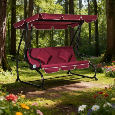 Balançoire rouge à 3 places avec auvent, coussin amovible et porte-gobelets, pour les espaces extérieurs dans le porche de la cour arrière, convertible en lit, structure en acier thermolaqué Capacité de 748 lb