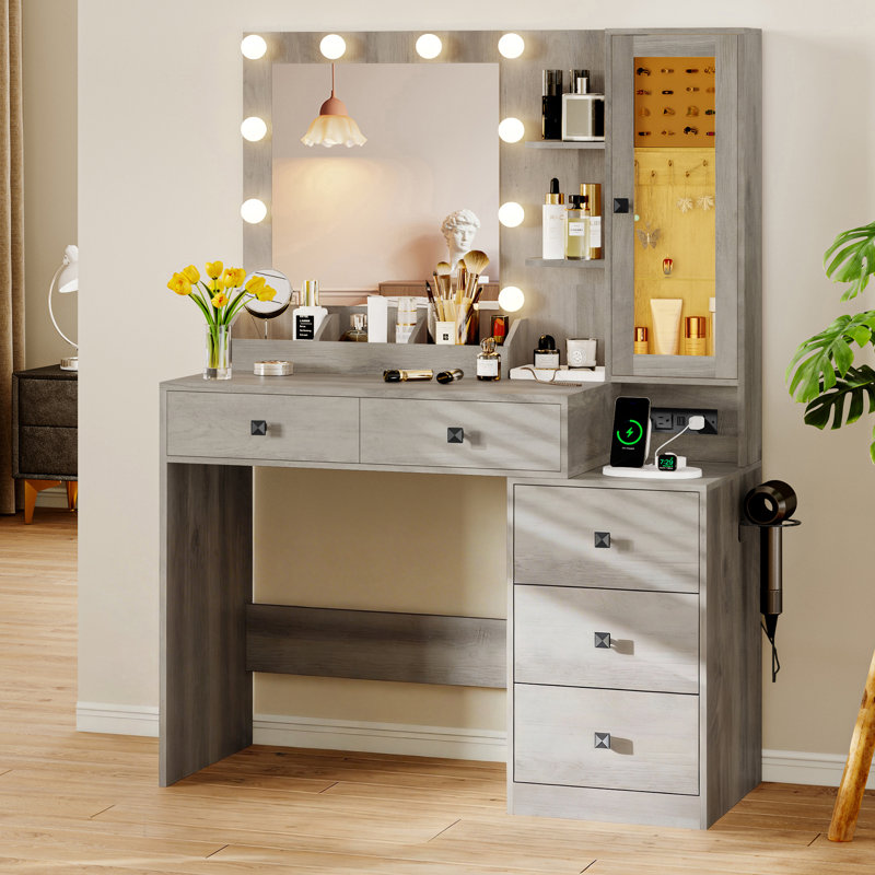 39" W Modern Makeup Vanity with LED Lighted Mirror, 5 Drawers, Power Outlet & Hidden Jewelry Organizer for Bedroom, Gray