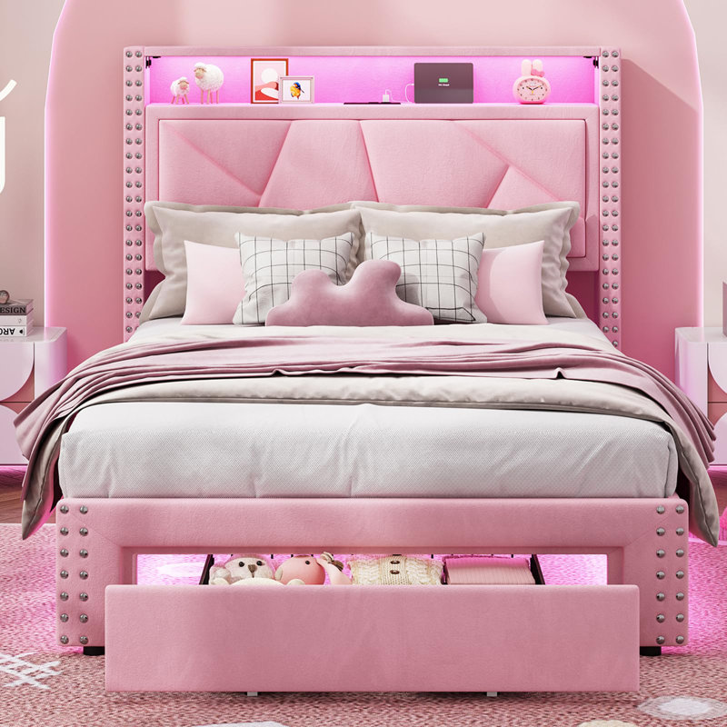 Velvet Upholstered Storage Teens Bed with Drawer & Charging Station 5 Support Legs, Pink