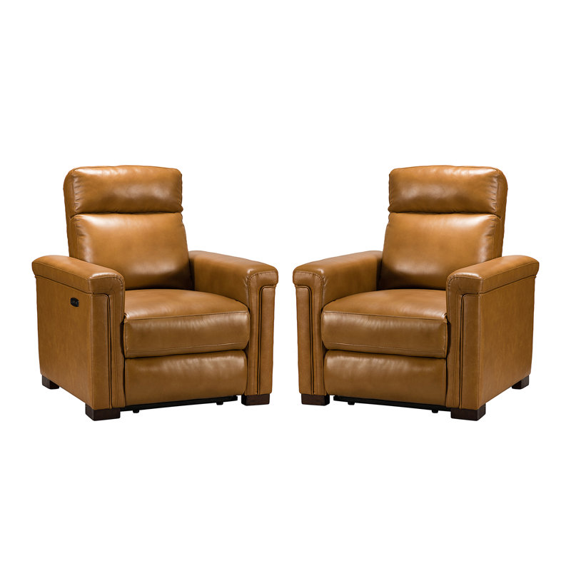 Fauteuil inclinable électrique en cuir véritable avec pieds en bois massif 36,02 po Adela, Cuir véritable chameau