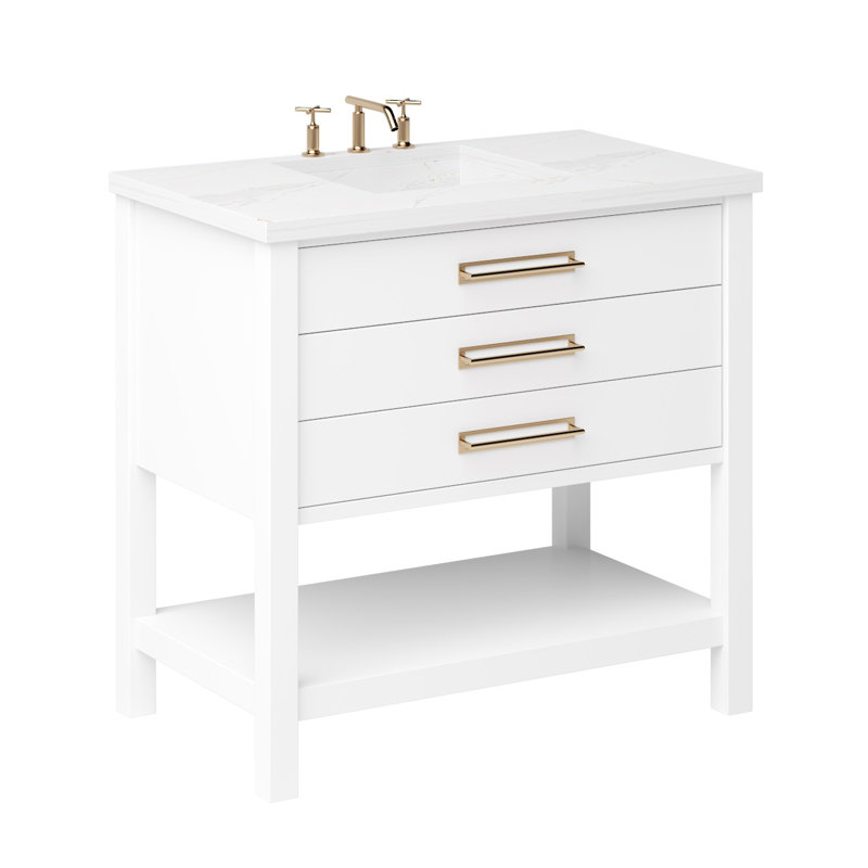 Kiawah Three-Drawer Single Bath Vanity, Pure White, Satin Gold, 30"