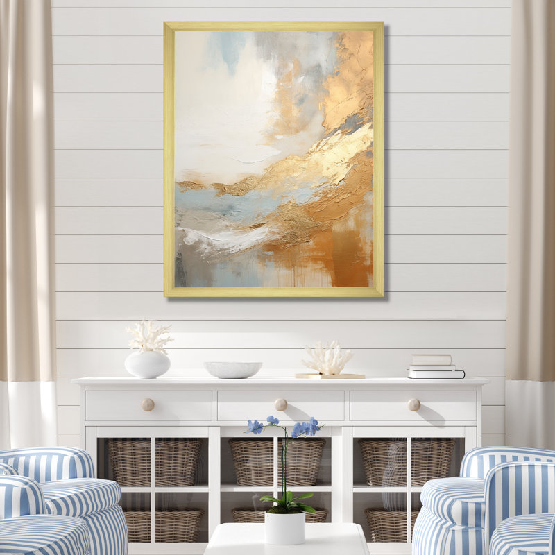 «Modern Coastal Beige and Gold River III», reproduction sur toile, Cadre photo blanc, H 20 po x l 12 po
