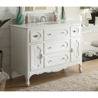 Meuble-lavabo sur pied Benton Collection Knoxville, style chalet victorien, blanc, 122 cm (48 po), lavabo simple, plateau en marbre, entièrement assemblé