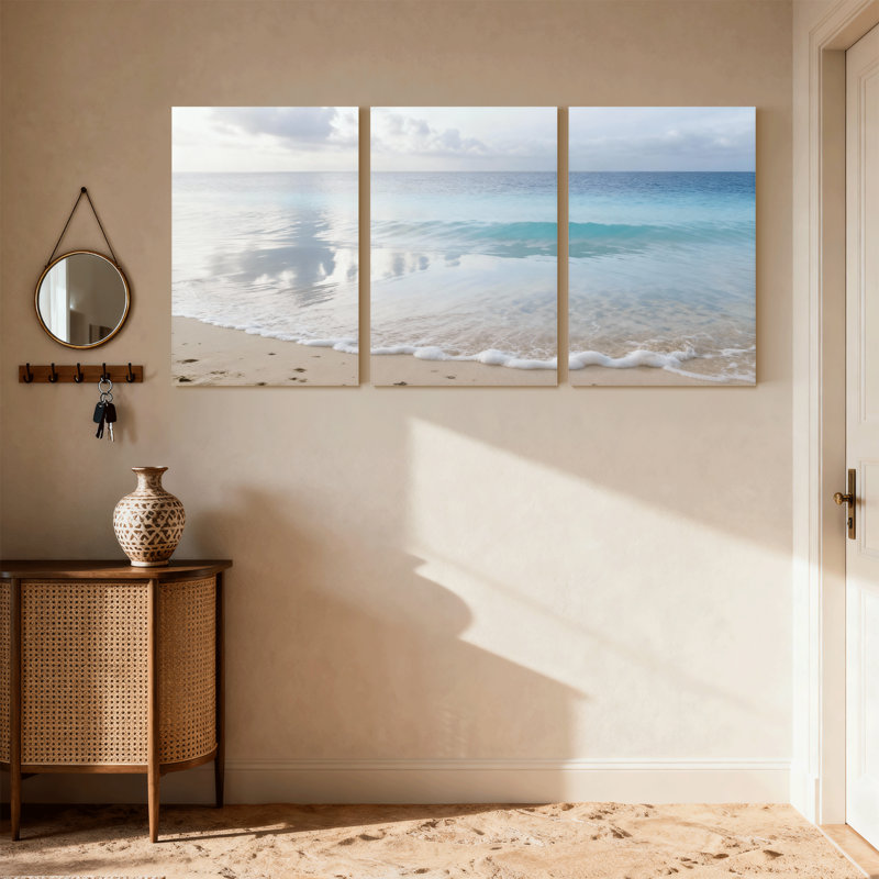 Plage, plage, vagues, ciel, nuages, sable, eau, horizon, calme, ensemble de 3 impressions sur toile, H 18 po x l 36 po