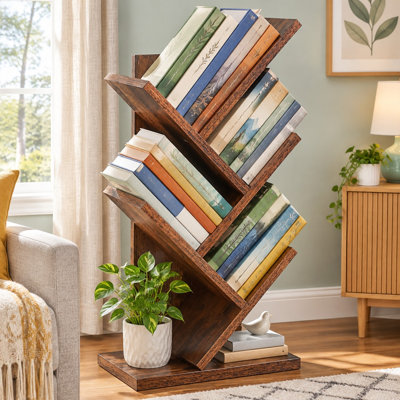 4 tiers of tree-shaped book shelving offer rustic-brown storage in a compact freestanding organizer.