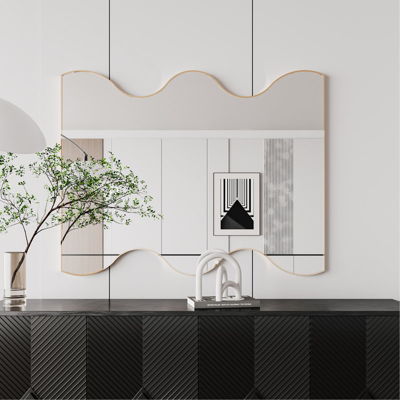 Miroir mural polyvalent à cadre métallique avec bords ondulés, rehaussant toutes les pièces, Doré, Horizontale et verticale