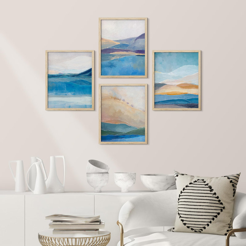 Pastel Blue Beach Shore Landscape - Ensemble de 4 reproductions de cadres photo simples, Naturel, H 10 po x l 8 po