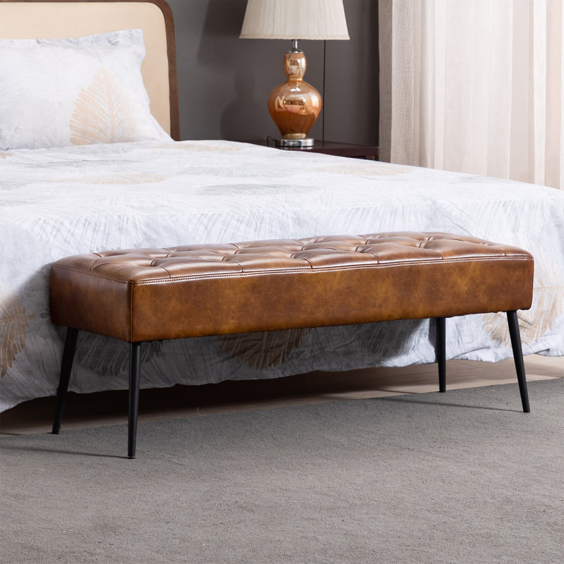 Lora Mid-Century Modern Tufted Leather Bench, 44" Wide with Metal Legs, Black/Yellowish Brown Faux Leather
