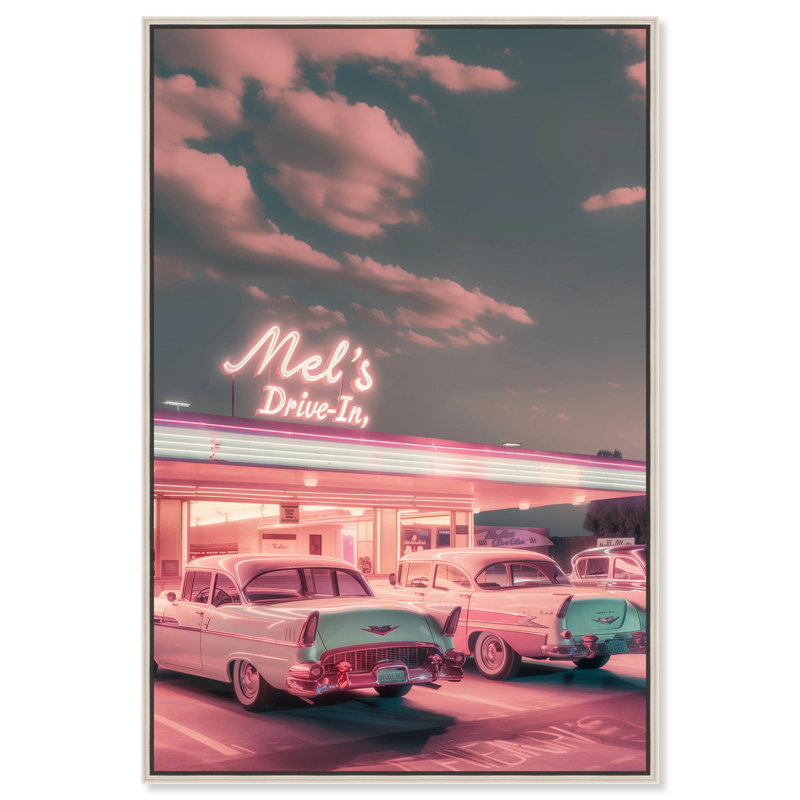 Drive In Stop Canvas par Art Remedy, Noir, H 16 po x l 11 po, Cadre flottant