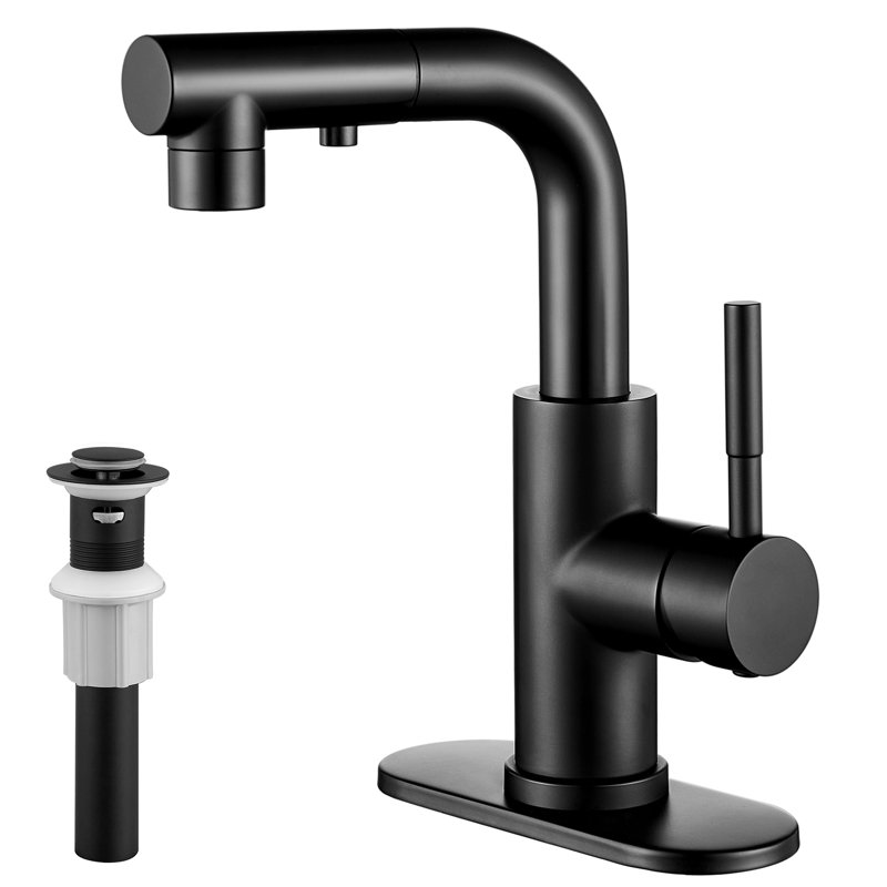 Single Handle Pull Down 3 Modes Sprayer Bathroom Sink Faucet With Deckplate Included And Pop-Up Drain, Matte Black
