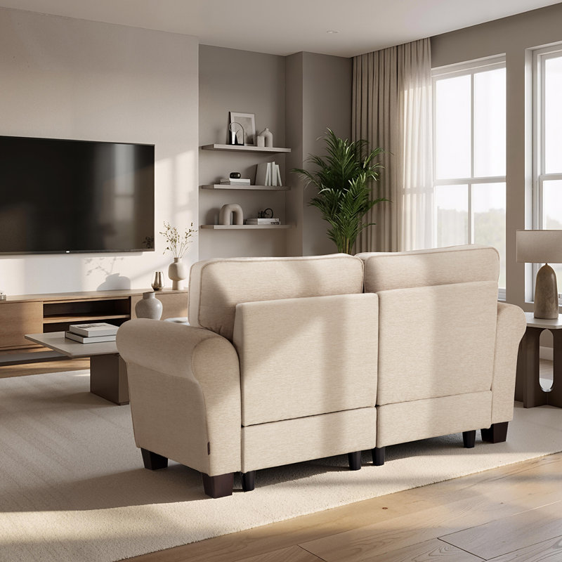 67.7" Rolled Arm Upholstered Loveseat Sofa, 2-Seater Couch with Solid Wood Legs, Beige