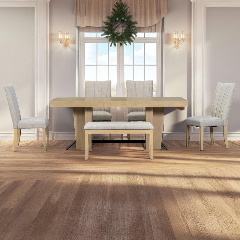 Ensemble de salle à manger 5 pièces avec chaises rembourrées en similicuir, table carrée compacte, Naturel, Blanc