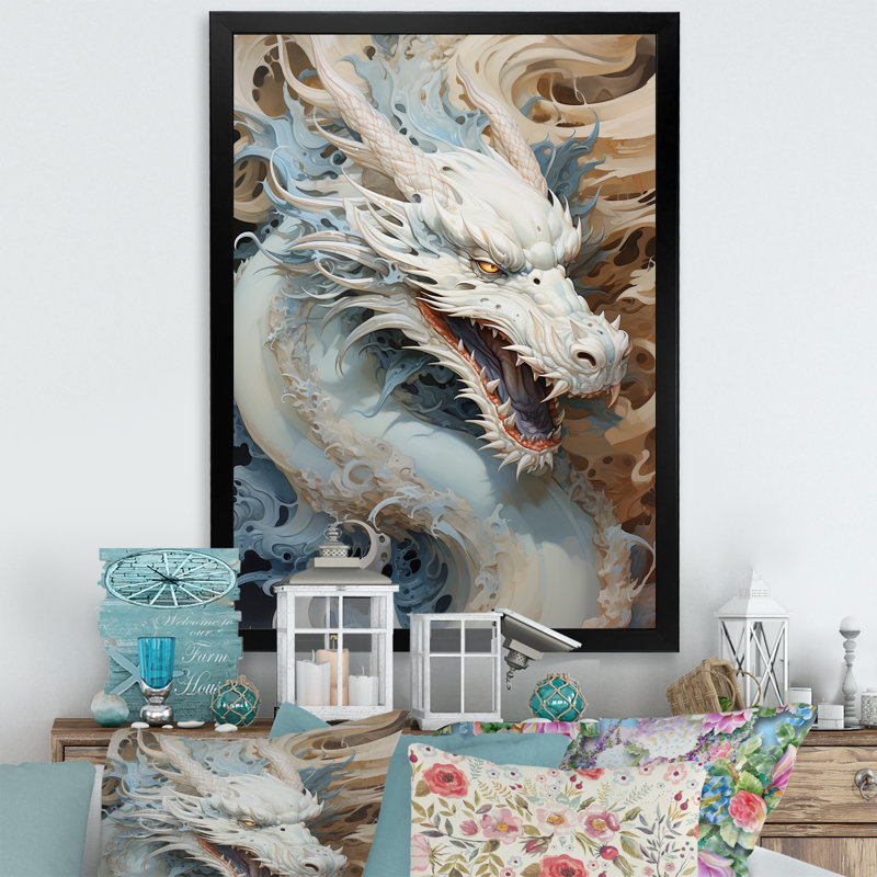 «Epic Blue and Gray Dragon Odyssey II», reproduction sur toile, Cadre simple noir, H 44 po x l 34 po x P 1,5 po