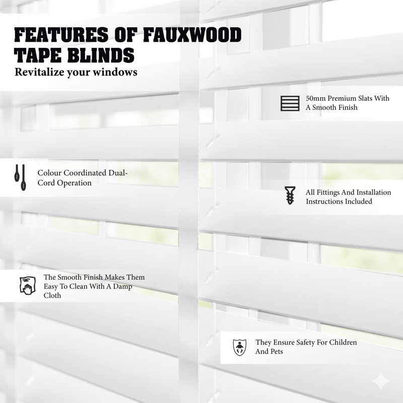 Fauxwood Tape Venetian Blind, 60cm W x 150cm L, White