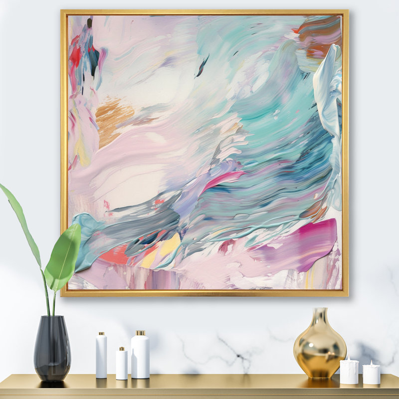 «Spring Miracles In Tender Retro Pastel», peinture abstraite sur toile, H 24 po x l 24 po, Cadre flottant doré